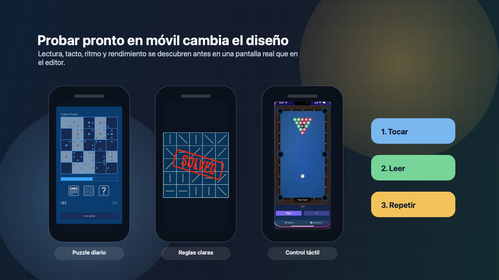Tres pantallas móviles de juegos de Garaje Imagina junto a una lista de pruebas de diseño táctil
