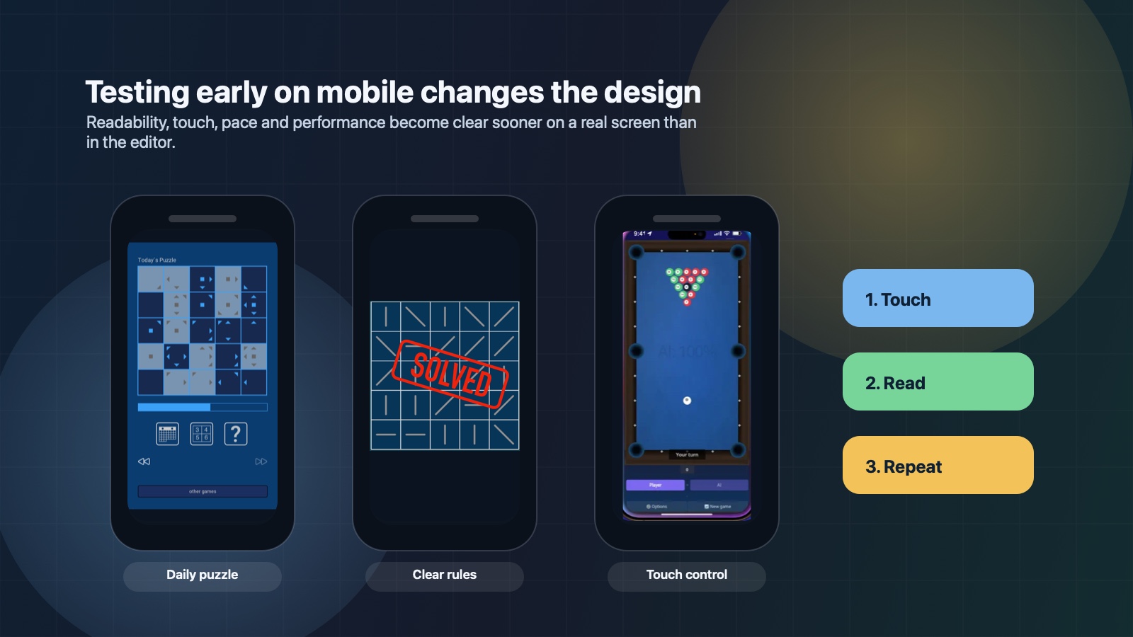 Three mobile game screens from Garaje Imagina next to a short touch-design testing list